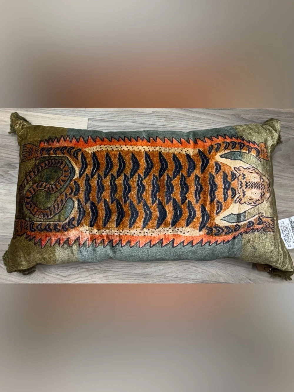 Creative Co-Op Tiger Motif Lumbar Pillow in Orange and Green